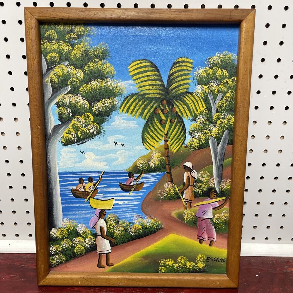Vintage Signed Haitian FOLK ART Tropical Canvas Painting by ESCANE